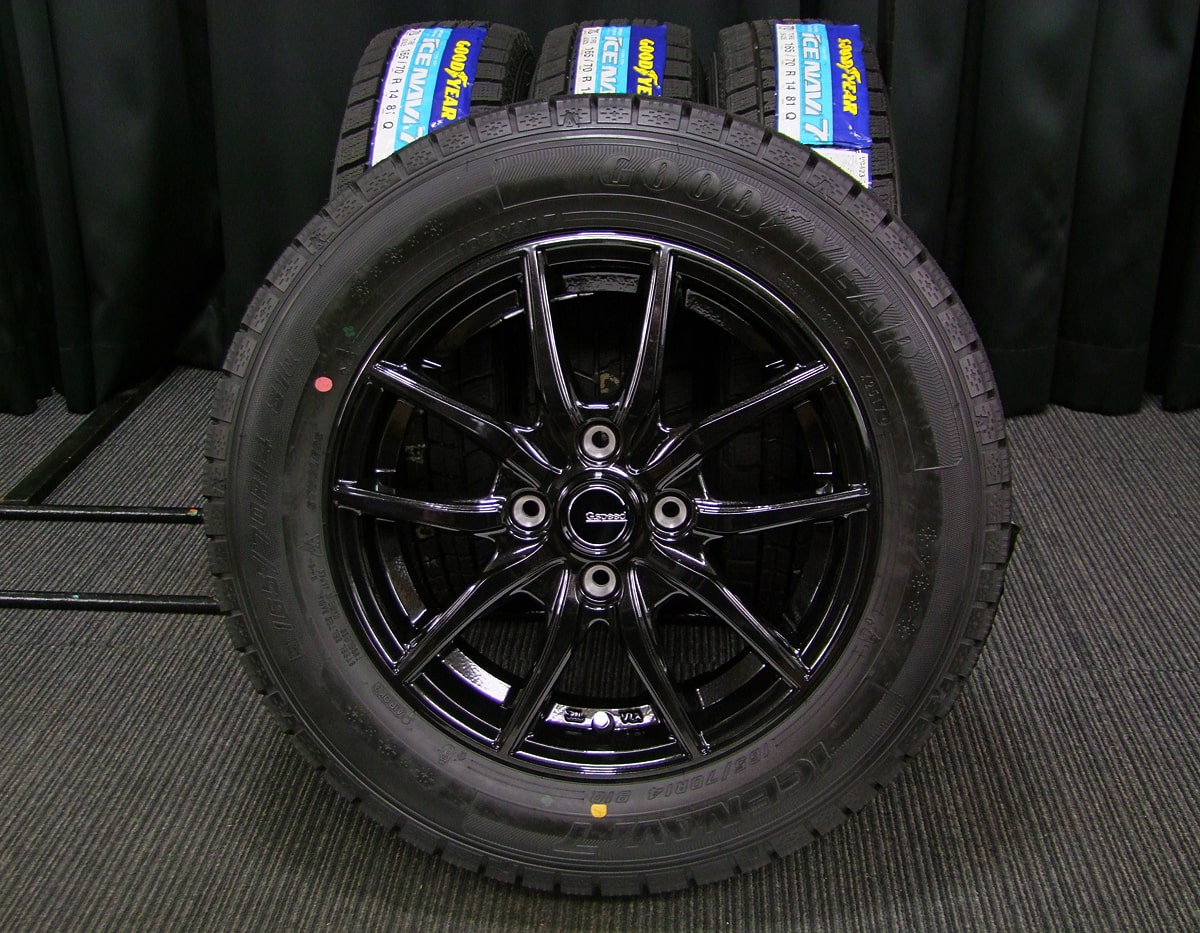 HOT STUFF (ホットスタッフ) G.speed (ジースピード) G-02 14×4.5J(+45)PCD100-4H ブラックメタリック  GOODYEAR (グッドイヤー) ICENAVI7 (アイスナビ7) 165/70R14 新品 スタッドレス タイヤホイール 4本  [14taw113] | カートレード21