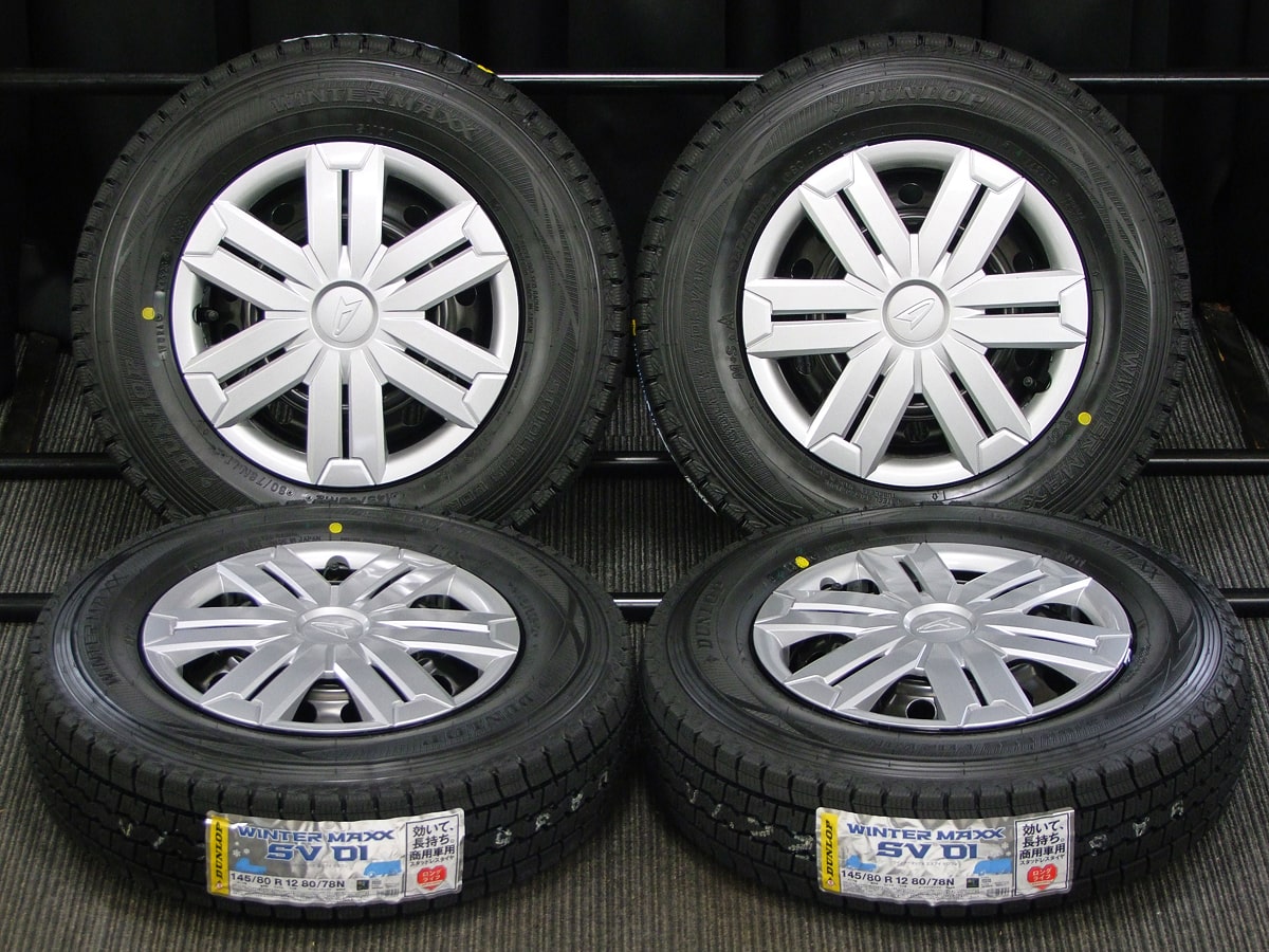 DAIHATSU (ダイハツ) ATRAI (アトレー) 純正 12×4J(+45)PCD100-4H 新車外し ブラックスチール DUNLOP (ダンロップ) WINTER MAXX (ウインターマックス) SV01 新品 145/80R12 80/78N LT スタッドレス タイヤホイール 4本