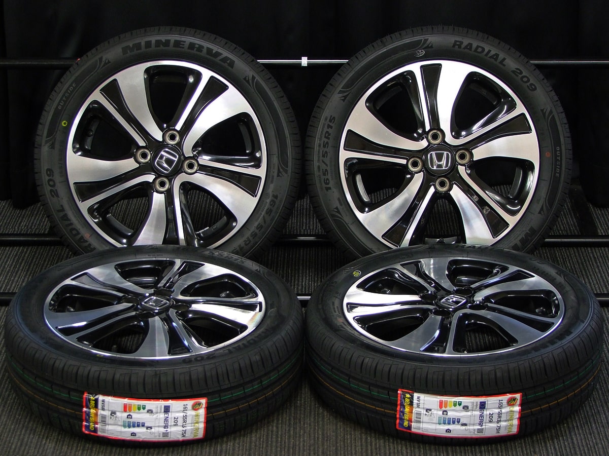 HONDA (ホンダ) N-ONE (Nワン) Premium Tourer (プレミアムツアラー) 純正 15×4.5J(+45)PCD100-4H ブラック&ポリッシュ MINERVA (ミネルバ) RADIAL (ラジアル) 209 新品 165/55R15 タイヤホイール 4本